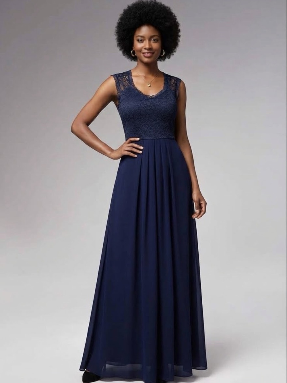 Miusol Women Dress Medium Maxi Navy Lace Bodice Sleeveless Evening